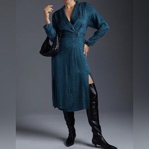 Anthropologie Jacquard Blazer Wrap Midi Dress Teal Holiday Festive Size 14 NWT
